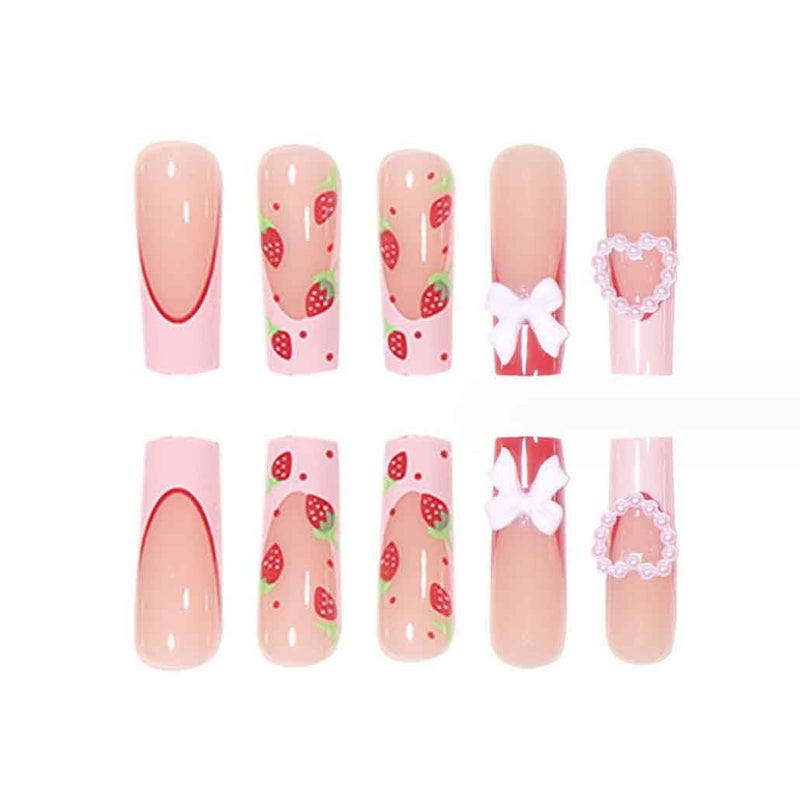 Foccna Press on Nails Long Rhinestone Pink Fake Nails Square Bling Glossy Artificial Nails Finger Manicure for Women and Girls-24pcs (Long Nails 3) - Image 4